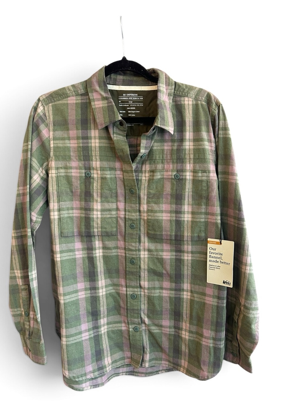 Cooperative Womens  Flannel Green and Pink Plaid Button-Down Shirt Size L
